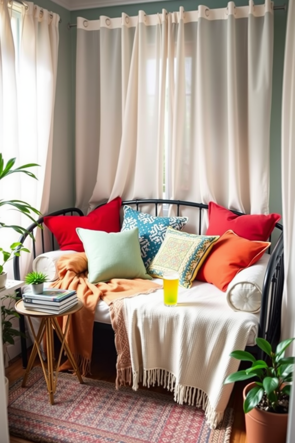 A cozy small space features a stylish daybed adorned with colorful throw pillows and a soft blanket. The backdrop includes light, airy curtains that allow natural light to filter in, enhancing the cheerful ambiance. A small side table next to the daybed holds a stack of books and a refreshing drink. Potted plants in the corners add a touch of greenery, creating a serene and inviting atmosphere perfect for summer lounging.