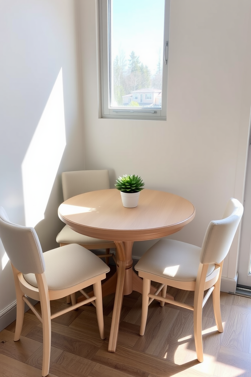 A compact dining set is elegantly arranged in a cozy nook. The table is round with a light wood finish, accompanied by four cushioned chairs in a soft pastel fabric. The space is brightened by natural light streaming through a nearby window. A small potted plant sits in the center of the table, adding a touch of greenery to the inviting atmosphere.