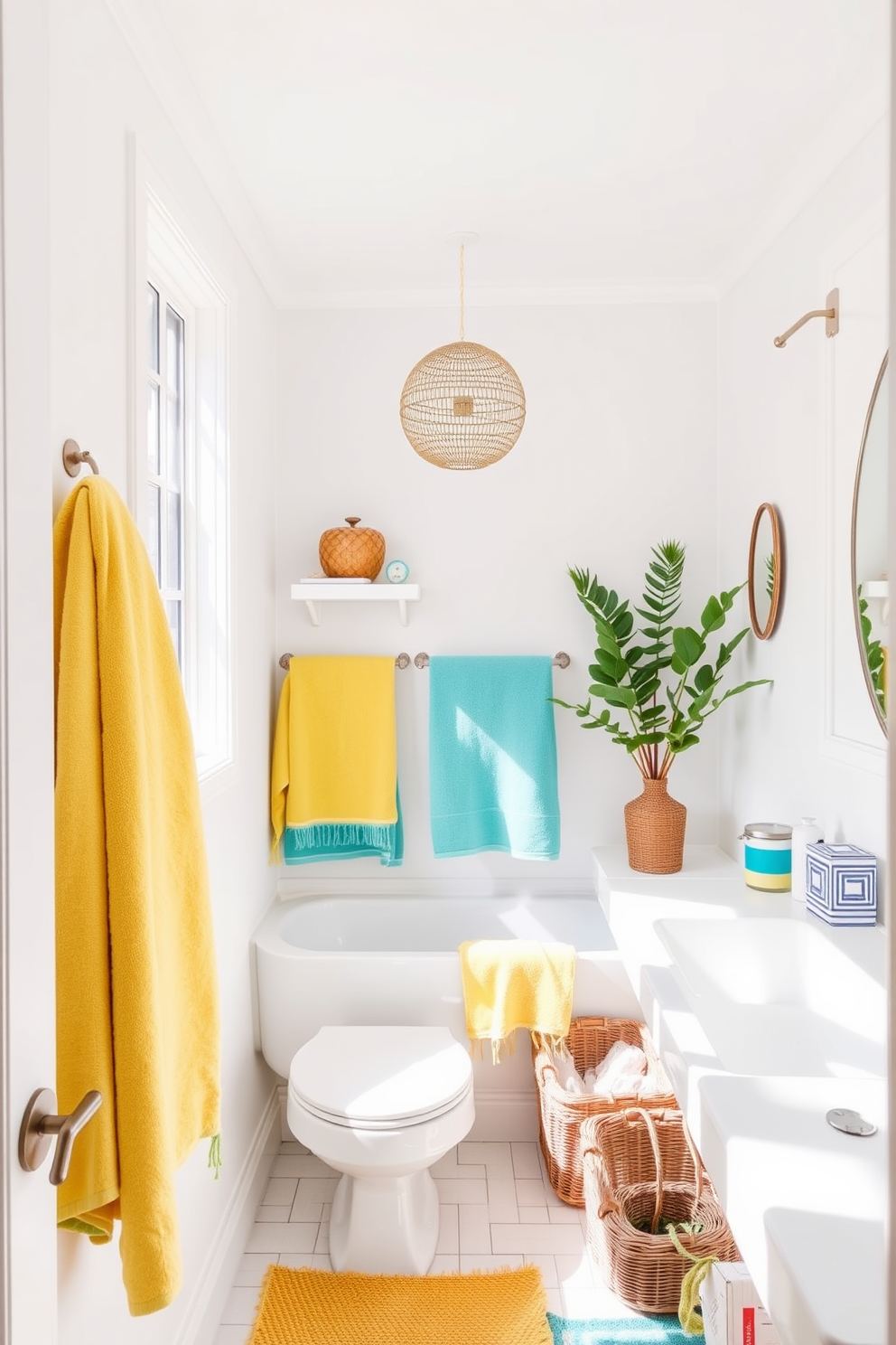 A bright and airy bathroom filled with natural light. The space features vibrant towels in shades of yellow and turquoise, adding a cheerful touch to the minimalist decor. A compact layout maximizes functionality while maintaining style. Clever storage solutions and decorative accents create a welcoming atmosphere perfect for summer.