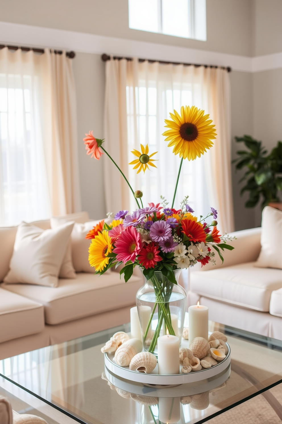 A cozy living room featuring a summer-themed centerpiece. The centerpiece consists of a vibrant arrangement of fresh flowers in a glass vase, surrounded by decorative shells and candles. The room is adorned with light-colored furniture to create an airy atmosphere. Soft, sheer curtains flutter gently in the breeze, allowing natural light to flood the space.