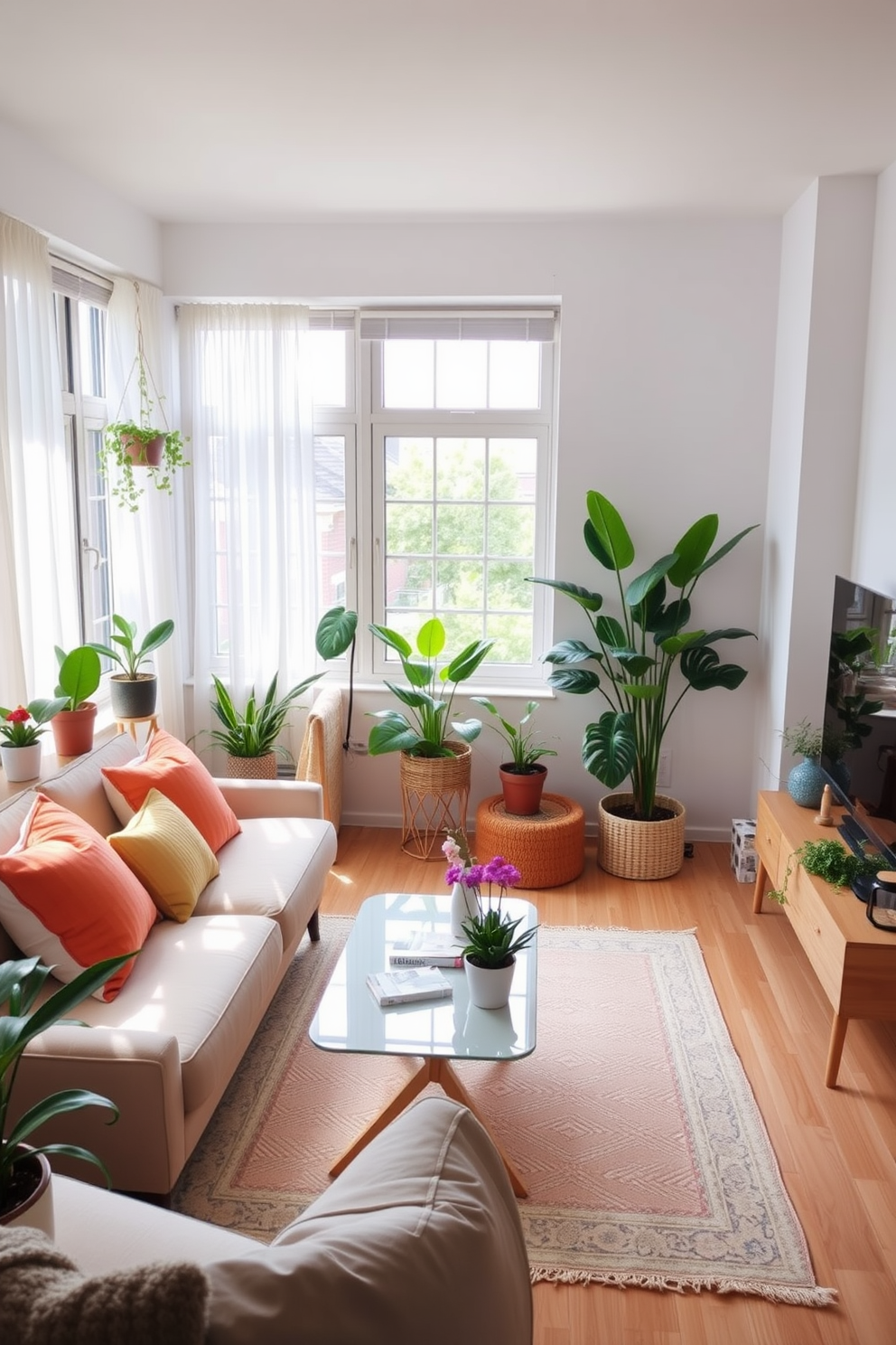 A cozy living room filled with natural light. There are potted indoor plants placed in each corner, adding a touch of freshness to the space. The furniture is arranged to maximize the small area, featuring a compact sofa and a stylish coffee table. Bright throw pillows and a light rug enhance the summer vibe, making the room feel inviting and airy.