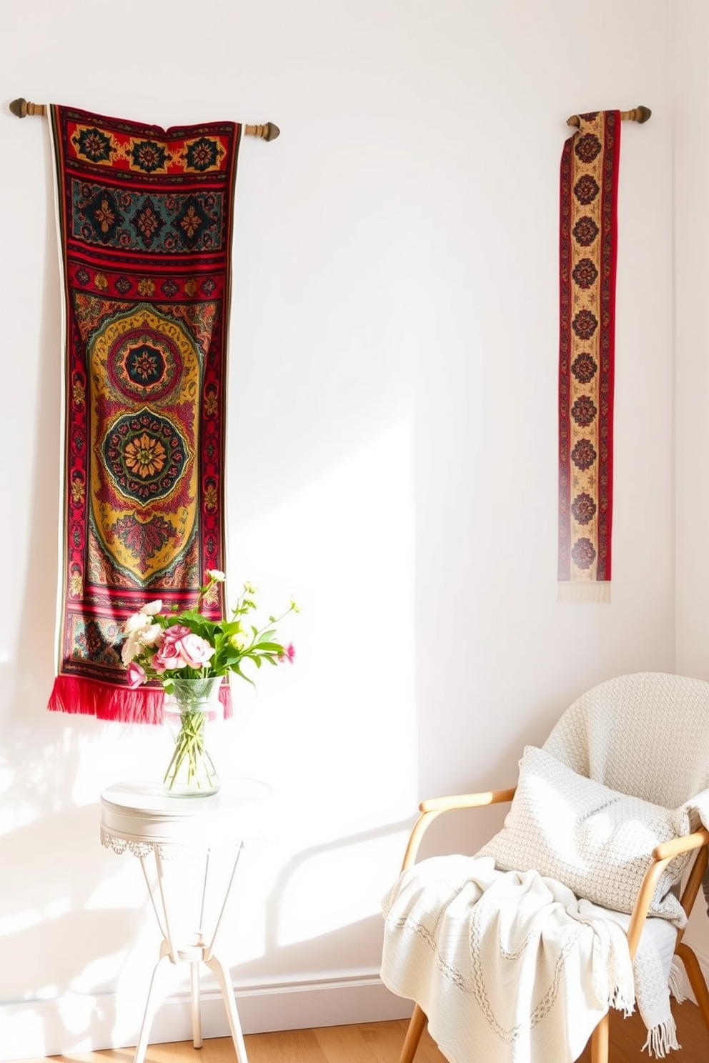 A vibrant tapestry hangs on the wall, adding a splash of color and texture to the room. The decor is light and airy, with a small table adorned with fresh flowers and a cozy chair for relaxation.