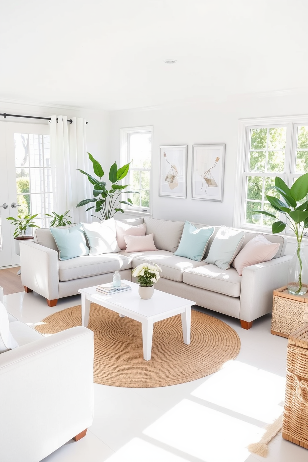 A bright and airy living room with a light color palette featuring soft whites and pastel hues. The furniture includes a cozy light gray sofa adorned with pale blue and blush pink cushions, complemented by a white coffee table and a woven rug. Natural light floods the space through large windows dressed with sheer curtains. A few potted plants add a touch of greenery, while wall art in light frames enhances the summer vibe.