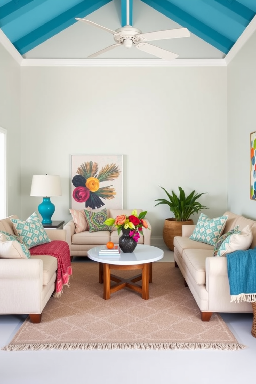 A cozy living room with a bright color palette. The walls are adorned with vibrant artwork that adds character and depth to the space. A stylish arrangement of furniture maximizes comfort while maintaining a sense of openness. Decorative accents like cushions and throws enhance the summer vibe, creating a welcoming atmosphere.