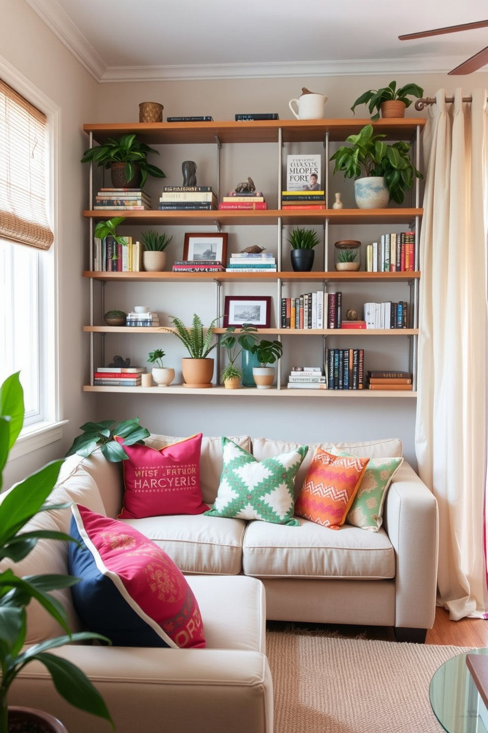 A cozy living room that maximizes vertical space with stylish shelving units. The shelves are filled with an eclectic mix of books, plants, and decorative items, creating an inviting atmosphere. Incorporate light colors and airy fabrics to enhance the summer vibe. A soft beige sofa is adorned with vibrant throw pillows, and a light linen curtain billows gently in the breeze.