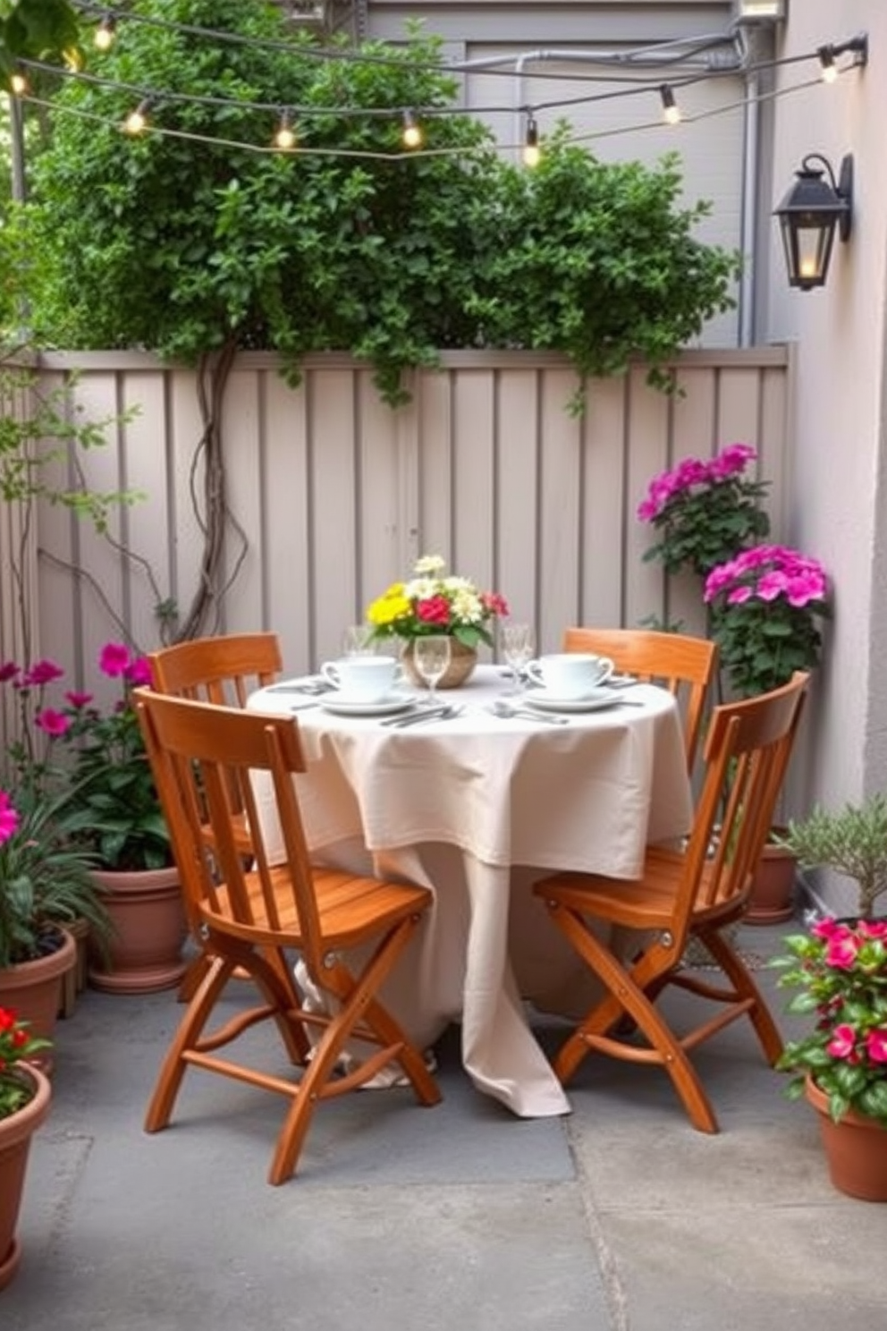 A charming small outdoor dining area features a round wooden table with four matching chairs, perfect for intimate meals. Surrounding the table are potted plants with vibrant flowers, adding a touch of color and life to the space. The setting is enhanced by soft string lights overhead, creating a warm and inviting atmosphere for summer evenings. A light-colored tablecloth drapes elegantly over the table, complemented by simple yet stylish dinnerware for a cozy dining experience.