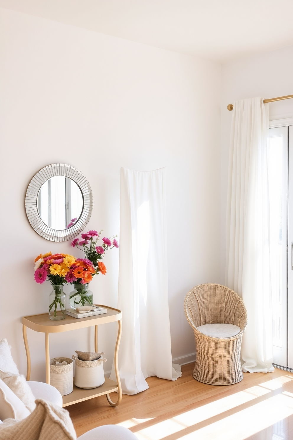 A bright and airy small space living room features a large floor-to-ceiling mirror that reflects natural light, making the area feel more expansive. The decor includes light pastel colors and minimalistic furniture, creating a fresh summer vibe. In one corner, a stylish round mirror hangs above a small console table adorned with vibrant flowers and decorative accents. Soft, sheer curtains flutter gently in the breeze, allowing sunlight to filter in and illuminate the cozy space.