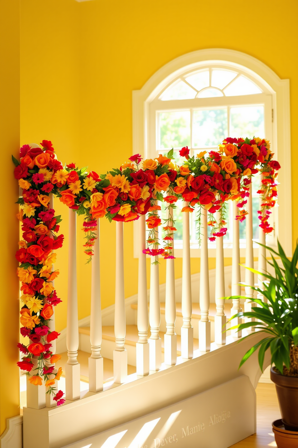 Bright floral garlands drape elegantly along the railing of a sunlit staircase. The vibrant colors of the flowers create a cheerful and inviting atmosphere, enhancing the warmth of the summer season.