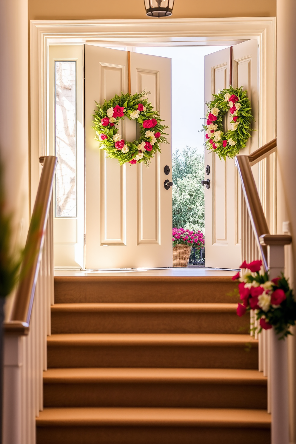 Create a warm and inviting staircase adorned with seasonal wreaths on the doors. The wreaths are made of vibrant summer flowers and greenery, adding a cheerful touch to the entrance.