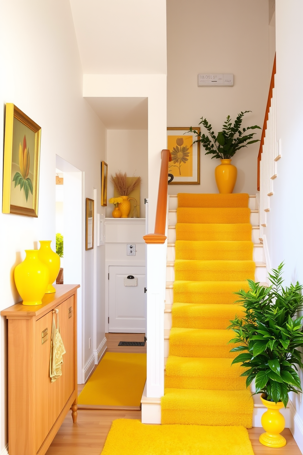 A bright and airy staircase adorned with sunshine yellow accents creates a cheerful atmosphere. The walls are painted in a soft white, allowing the vibrant yellow to pop, with decorative yellow vases and artwork enhancing the space. A plush yellow runner carpet lines the staircase, adding warmth and comfort. Potted plants with lush green foliage are strategically placed on the landing, complementing the sunny decor and bringing a touch of nature indoors.