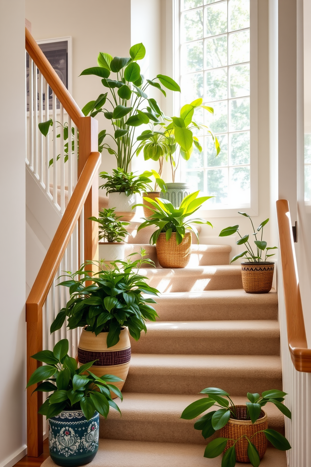 Lush green potted plants are arranged on the landings of a bright and airy staircase. The plants vary in size and shape, adding a vibrant touch to the space while complementing the natural light streaming in through large windows. The staircase features a sleek wooden railing and soft neutral-colored carpeting that enhances the overall warmth of the design. Decorative planters in ceramic and woven textures create an inviting atmosphere, making the staircase a focal point of the home.