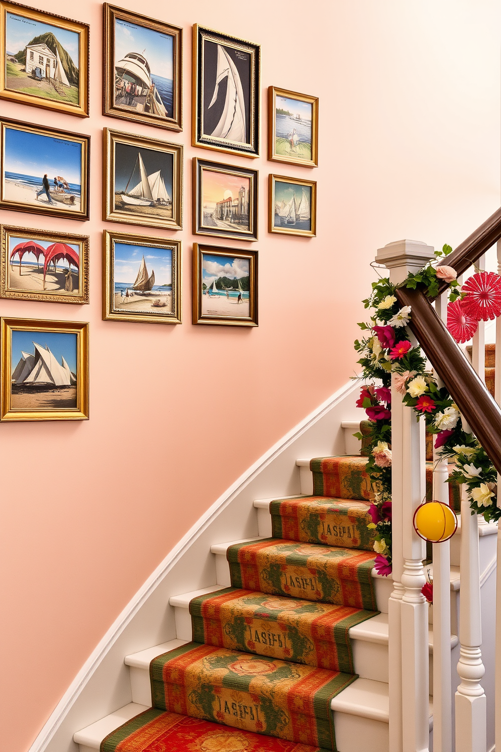 A collection of vintage summer postcards is elegantly displayed in ornate frames, capturing the essence of warm sunny days and coastal adventures. The frames are arranged in a gallery style on a soft pastel wall, creating a nostalgic and inviting atmosphere. The staircase is adorned with vibrant summer-themed decorations, including garlands of fresh flowers and colorful lanterns. Each step is highlighted with a playful mix of patterned rugs that complement the cheerful decor, inviting guests to ascend with joy.