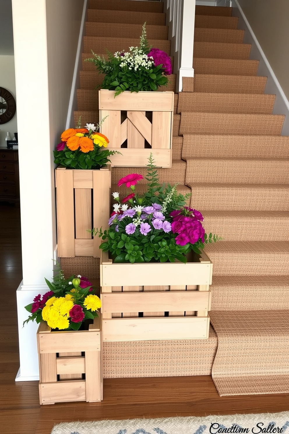 Rustic wooden crates are arranged alongside the staircase, serving as unique decorative elements that add character and warmth to the space. Each crate is filled with vibrant summer flowers and greenery, creating a lively and inviting atmosphere. The staircase itself is adorned with a natural jute runner, enhancing the rustic charm while providing a soft contrast to the wooden crates. Soft, ambient lighting illuminates the area, highlighting the textures and colors of the summer decor.