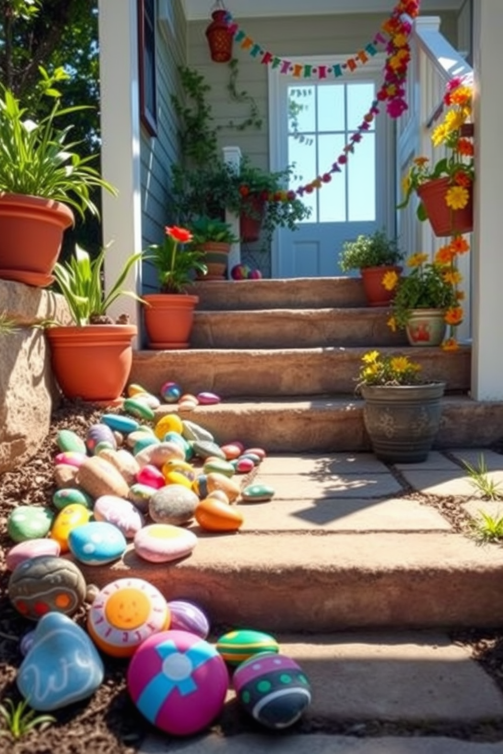 A vibrant collection of DIY painted rocks is scattered along a garden pathway, showcasing a variety of bright colors and whimsical designs. Each rock is uniquely crafted, adding an artistic flair to the outdoor space and inviting creativity. The staircase is adorned with cheerful summer decorations, featuring potted plants and colorful garlands draped along the railing. Sunlight filters through the space, highlighting the inviting atmosphere created by the seasonal decor.