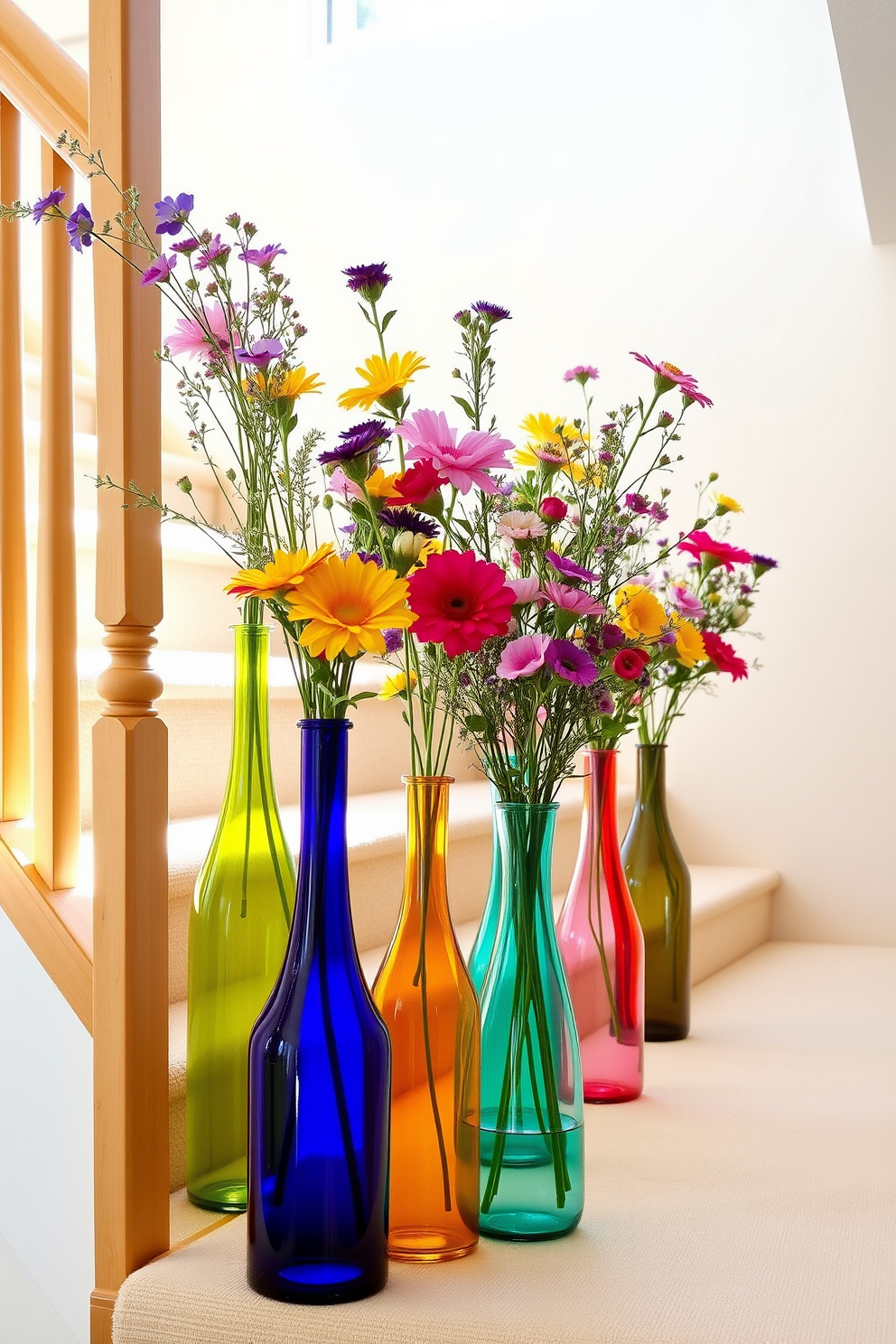 Colorful glass vases filled with vibrant wildflowers are arranged along a sunlit staircase. The staircase features a warm wooden railing and a soft runner that complements the lively hues of the flowers. Each vase showcases a unique shape and color, creating a playful yet elegant display. The wildflowers add a touch of nature, enhancing the overall charm and inviting atmosphere of the space.