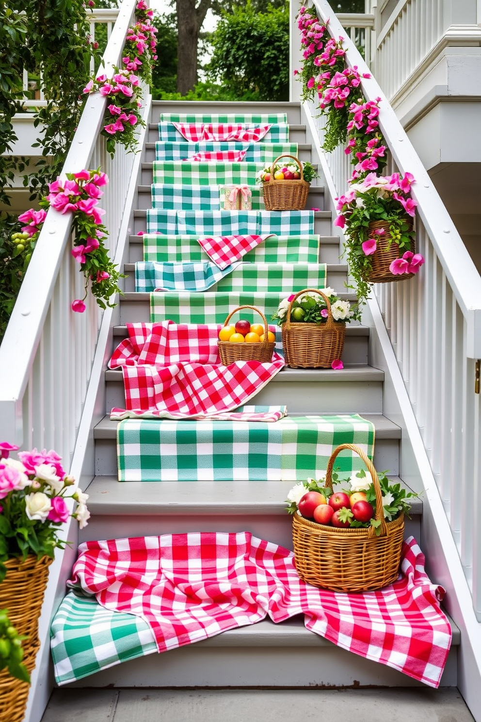 Charming picnic-themed decor adorns the steps leading up the summer staircase. Colorful blankets are spread out, and wicker baskets filled with fresh fruits and flowers are placed at intervals.