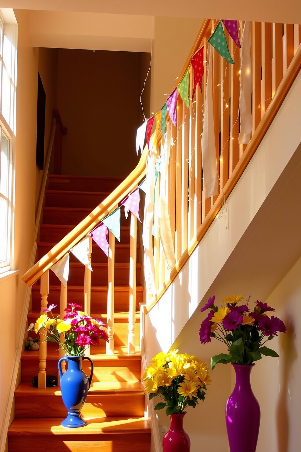 Fabric bunting drapes elegantly along the banister of a sunlit staircase. The colorful flags sway gently, adding a cheerful touch to the warm wooden steps. Brightly colored flowers in vibrant vases line the staircase, enhancing the festive atmosphere. Soft fairy lights are intertwined with the bunting, creating a magical glow in the evening.