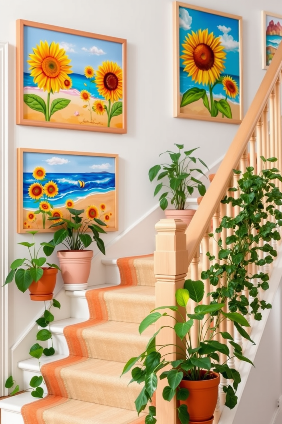 Colorful summer-themed artwork adorns the walls, featuring vibrant depictions of sunflowers and beach scenes that evoke a sense of warmth and joy. The artwork is framed in light wood, complementing the bright and airy atmosphere of the room. The staircase is decorated with lush green plants in stylish pots, cascading down the steps for a fresh and lively look. Soft, colorful runners line the staircase, adding a touch of comfort and style to the summer-themed decor.