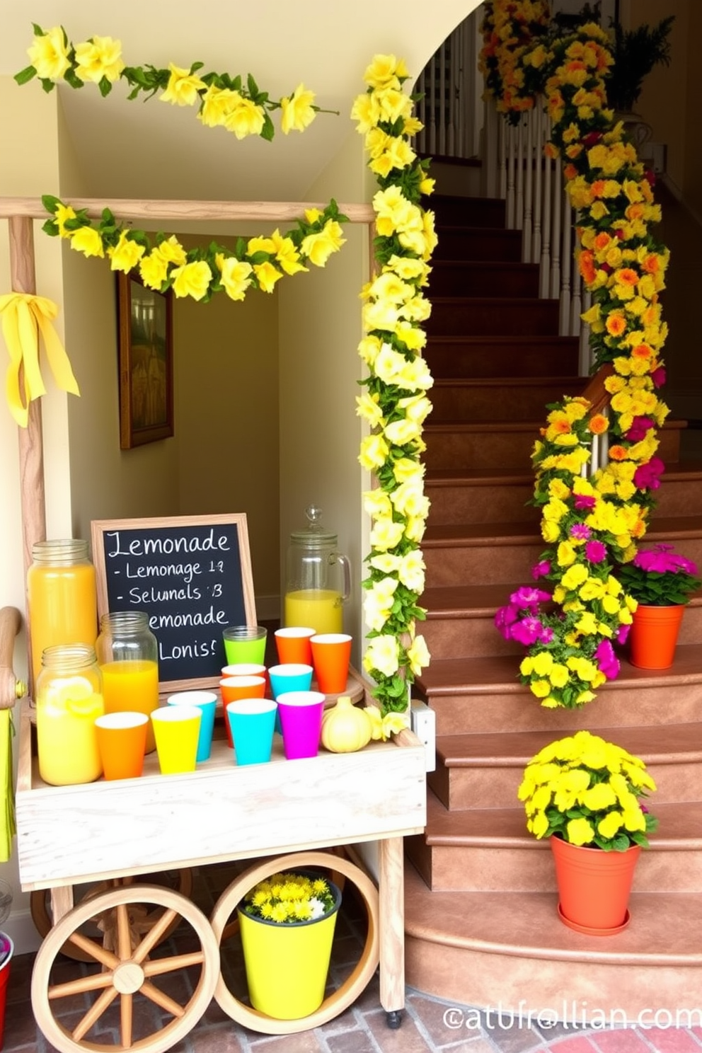 A refreshing lemonade stand display features a rustic wooden cart adorned with bright yellow and green accents. Jars filled with freshly squeezed lemonade and slices of lemon are arranged alongside colorful cups and a chalkboard sign displaying the menu. Summer staircase decorating ideas incorporate vibrant floral garlands draped elegantly along the banister. Brightly colored potted plants are placed on each step, creating a lively and inviting atmosphere.