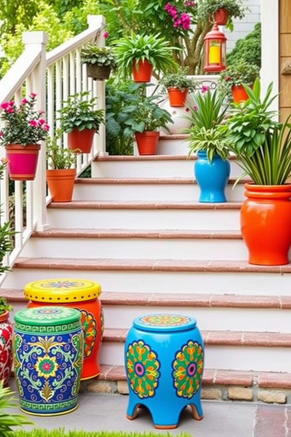 Brightly colored ceramic garden stools are arranged around a vibrant outdoor space. The stools feature intricate patterns and bold hues, adding a playful touch to the garden's greenery. Summer staircase decorating ideas include hanging lush potted plants along the railing. Brightly colored lanterns are placed on each step, creating a warm and inviting atmosphere.