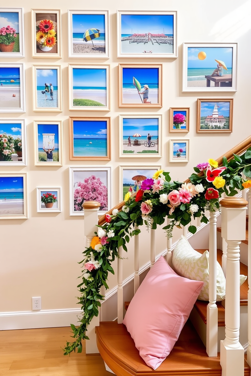 A vibrant summer-themed photo gallery adorns the walls, featuring an array of bright and cheerful images capturing beach scenes, blooming flowers, and sunny landscapes. The frames are a mix of white and light wood, creating a cohesive yet playful look that invites warmth into the space. The staircase is elegantly decorated with summer accents, including a garland of fresh greenery and colorful flowers draped along the banister. Soft, pastel-colored cushions are placed on the steps, inviting guests to sit and enjoy the seasonal charm.