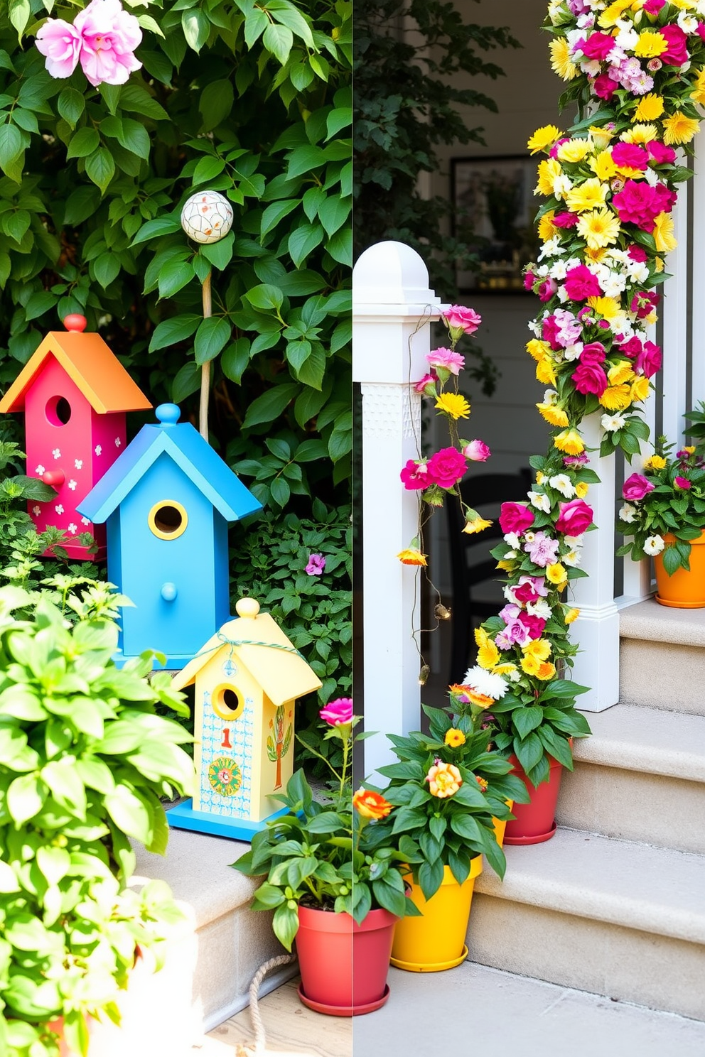 Decorative birdhouses in vibrant colors are nestled among lush greenery in a charming garden setting. Each birdhouse features unique designs and patterns, adding a playful element to the outdoor space. Summer staircase decorating ideas include cascading garlands of fresh flowers intertwined with soft fairy lights. Brightly colored potted plants line the steps, creating an inviting and cheerful atmosphere.