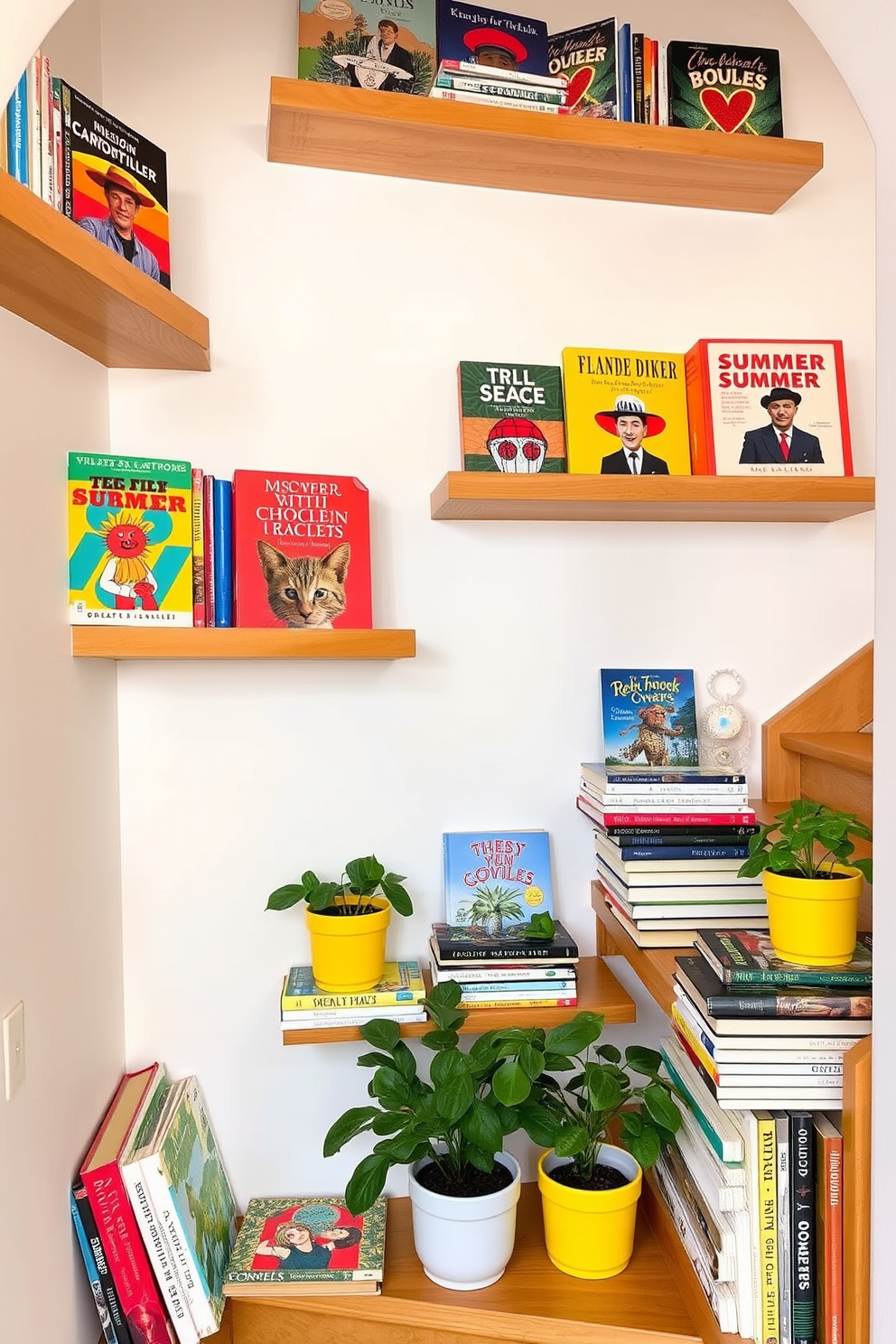 A cozy staircase adorned with floating shelves filled with vibrant summer books. The shelves are made of natural wood, providing a warm contrast to the crisp white walls. Colorful book covers peek out from the neatly arranged stacks, inviting readers to explore. Potted plants in cheerful ceramic pots are placed on the shelves, adding a touch of greenery and life to the space.