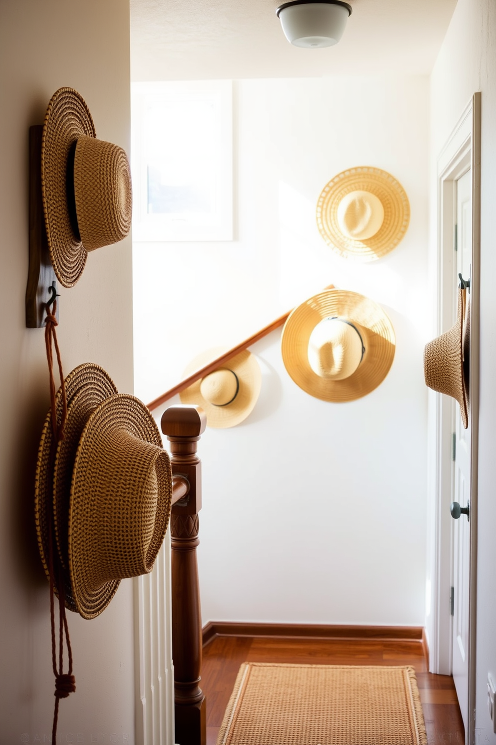 Chic straw hats are elegantly displayed on rustic wooden hooks along a sunlit hallway. The staircase features a soft woven runner that complements the natural textures of the hats, creating a warm and inviting atmosphere.