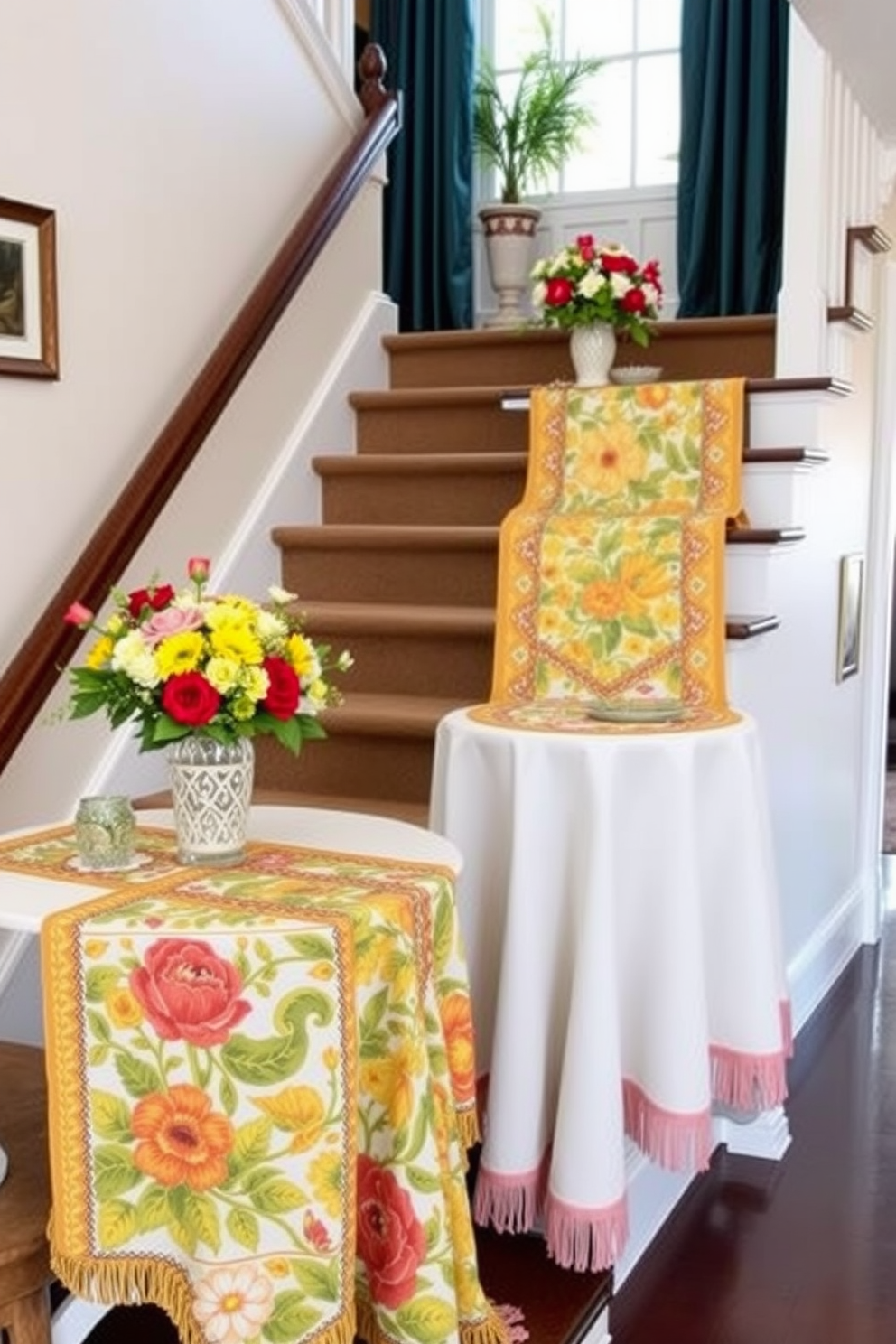 A beautifully decorated staircase features a series of seasonal table runners draped elegantly across the tables at each landing. The runners showcase vibrant colors and patterns that reflect the warmth of summer, complemented by fresh floral arrangements and decorative accents.