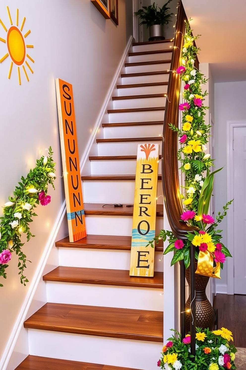 Hand painted summer signs for decoration. Vibrant colors and playful designs adorn the signs, capturing the essence of summer with themes like sunshine, beach, and tropical motifs. Summer staircase decorating ideas. Lively floral arrangements and string lights enhance the staircase, creating a cheerful atmosphere that welcomes guests into your home.