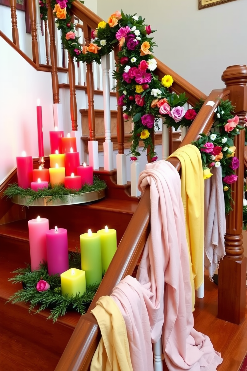 Brightly colored candles in various sizes are arranged on a wooden staircase, creating a vibrant and inviting atmosphere. The candles are placed in clusters, with some on decorative trays and others nestled among greenery for a natural touch. Summer staircase decorating ideas include hanging colorful garlands and floral arrangements that enhance the seasonal theme. Soft, flowing fabrics drape along the banister, adding texture and a whimsical feel to the space.