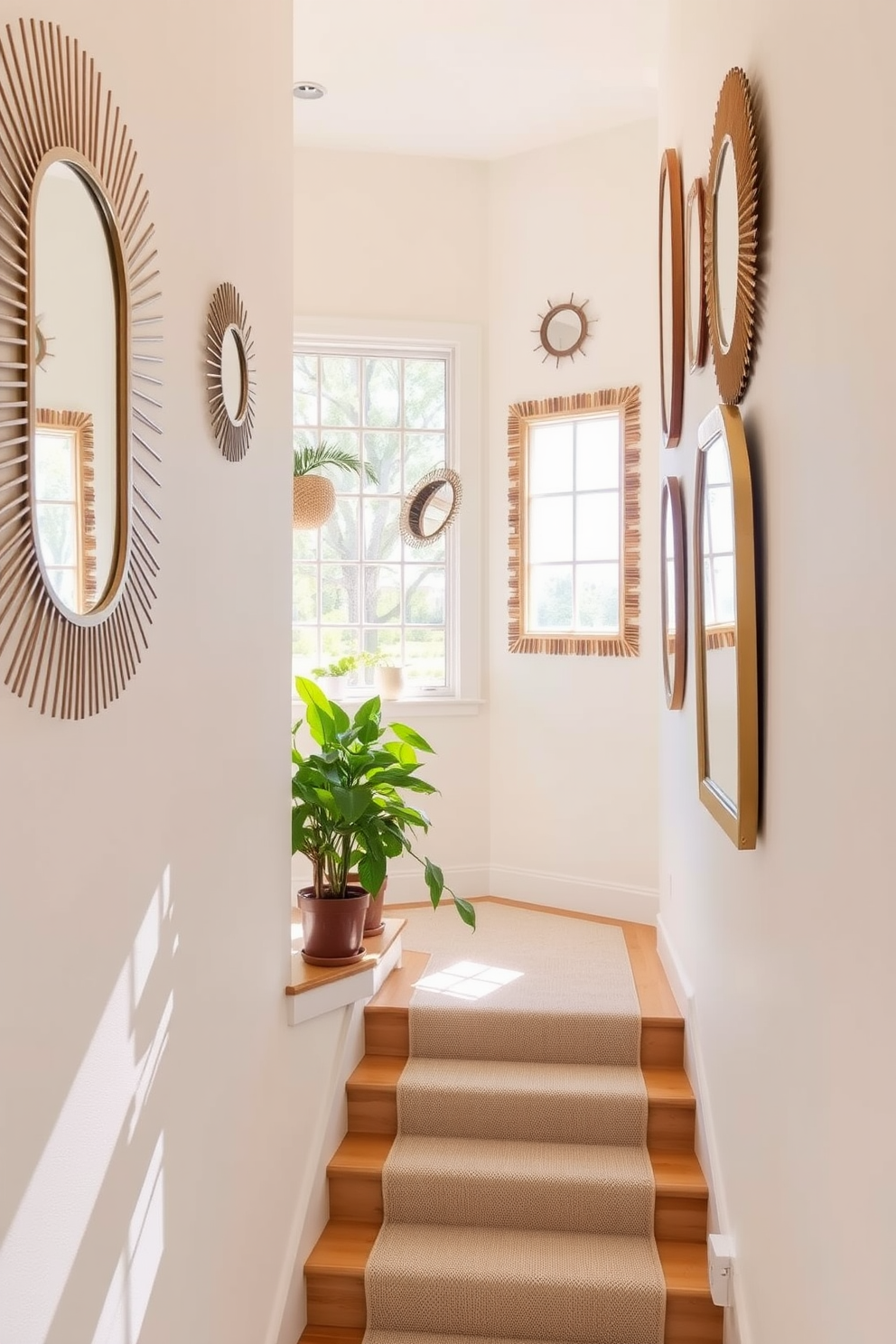 A bright and airy staircase adorned with decorative mirrors that capture and reflect the warm summer light. The mirrors are arranged in a playful pattern along the walls, enhancing the natural brightness of the space. The staircase features a soft, neutral runner that complements the light wood of the steps. Potted plants are placed on the landing, adding a touch of greenery and vibrancy to the summer decor.