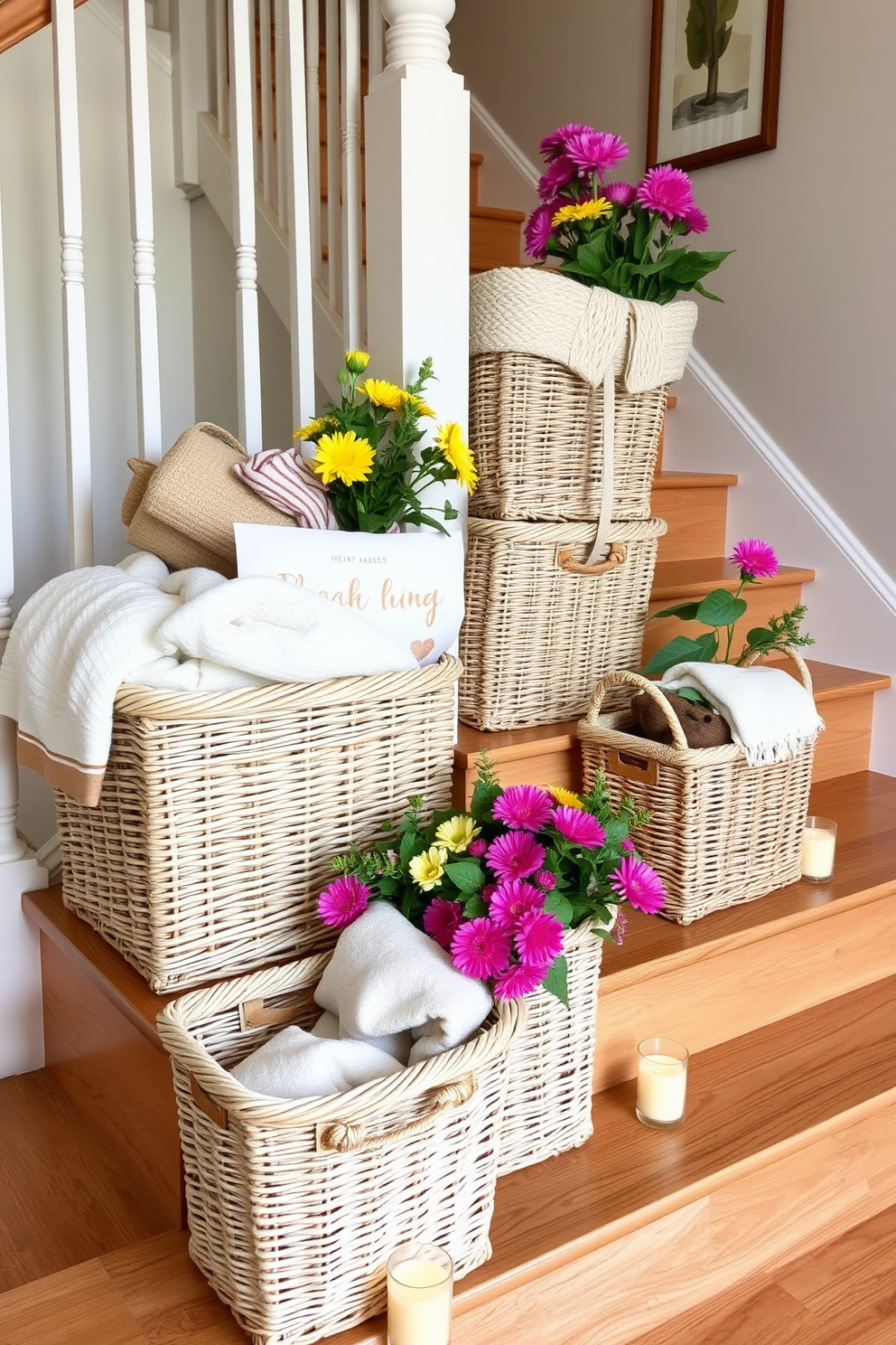 Lightweight wicker baskets are arranged on a wooden staircase, adding a touch of natural texture and warmth to the space. The baskets are filled with soft blankets and seasonal decor, creating an inviting and organized look. The staircase is adorned with fresh summer flowers in vibrant colors, enhancing the airy feel of the home. A few strategically placed candles on the steps create a cozy ambiance during the evenings.