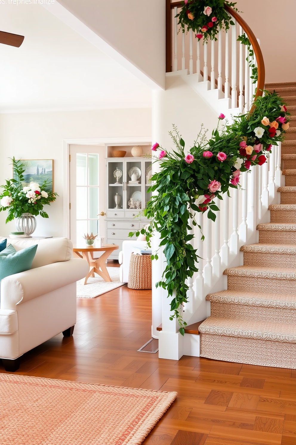 A cozy living room featuring a natural fiber rug that adds warmth and texture to the space. The rug complements the light-colored furniture and enhances the casual atmosphere of the room. A beautifully designed staircase adorned with summer-themed decorations. Fresh greenery and vibrant flowers are placed along the staircase railing, creating a cheerful and inviting ambiance.