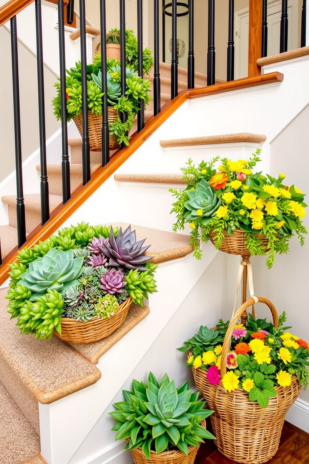 Succulent arrangements on staircase landings create a vibrant and inviting atmosphere. The lush greenery of the succulents contrasts beautifully with the staircase's materials, enhancing the overall aesthetic. For summer staircase decorating ideas, incorporate bright colors and light textures. Use decorative baskets filled with seasonal flowers to add a fresh and cheerful touch to the space.