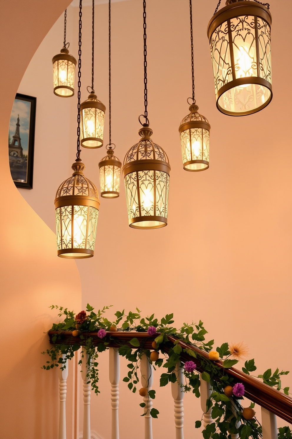 A beautiful staircase adorned with hanging lanterns that cast a warm and inviting glow throughout the space. The lanterns are intricately designed, adding a touch of elegance while enhancing the summer decor with vibrant greenery and seasonal accents along the staircase railing.