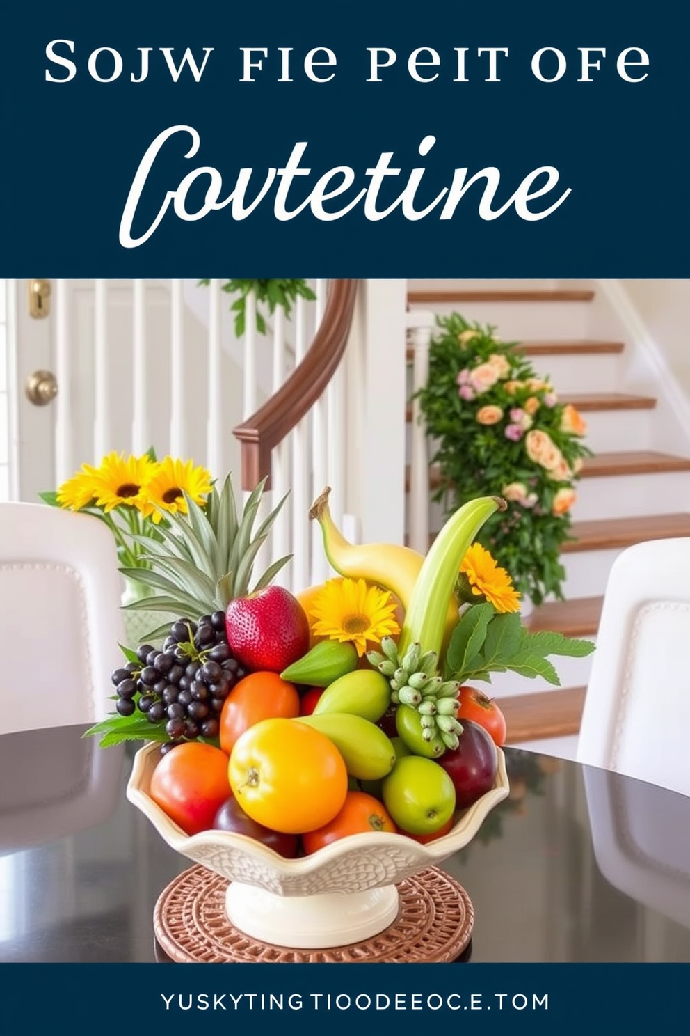 Fresh fruit displays in decorative bowls. Vibrant colors and natural textures create an inviting centerpiece for any dining table or kitchen island. Summer staircase decorating ideas. Incorporate lush greenery and bright floral arrangements to bring a cheerful ambiance to your home’s entryway.