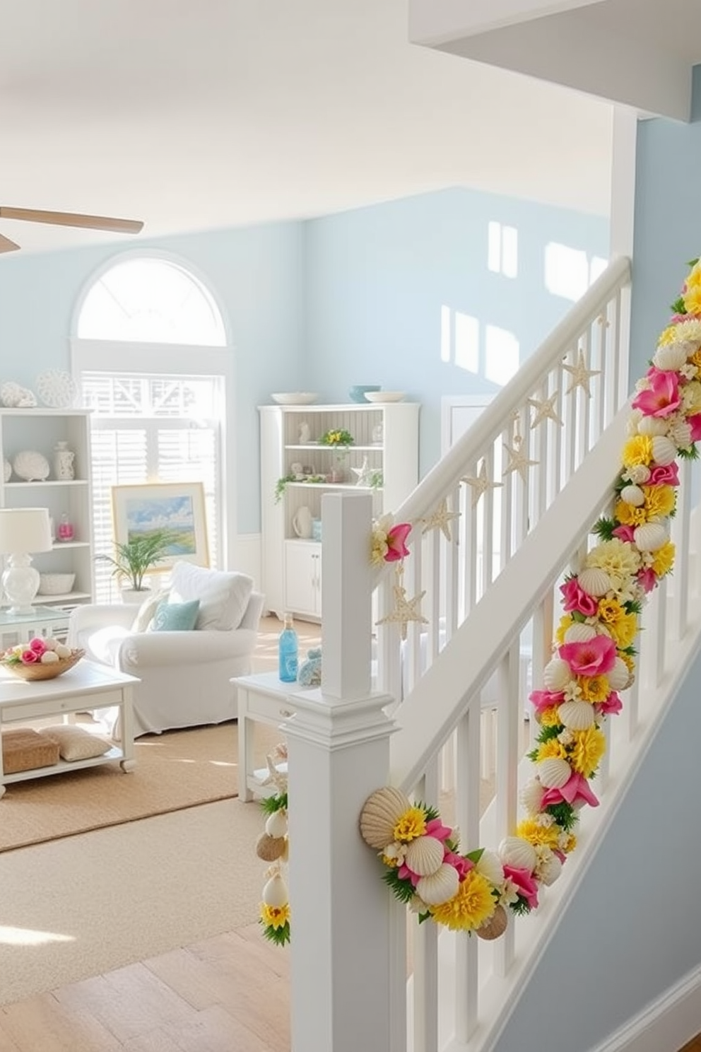 A serene beach-inspired living room filled with natural light. The decor features soft blue and sandy beige tones, with seashell accents adorning shelves and tables. A bright and airy staircase adorned with summer-themed decorations. Colorful garlands of flowers and seashells drape along the banister, creating a cheerful and inviting atmosphere.