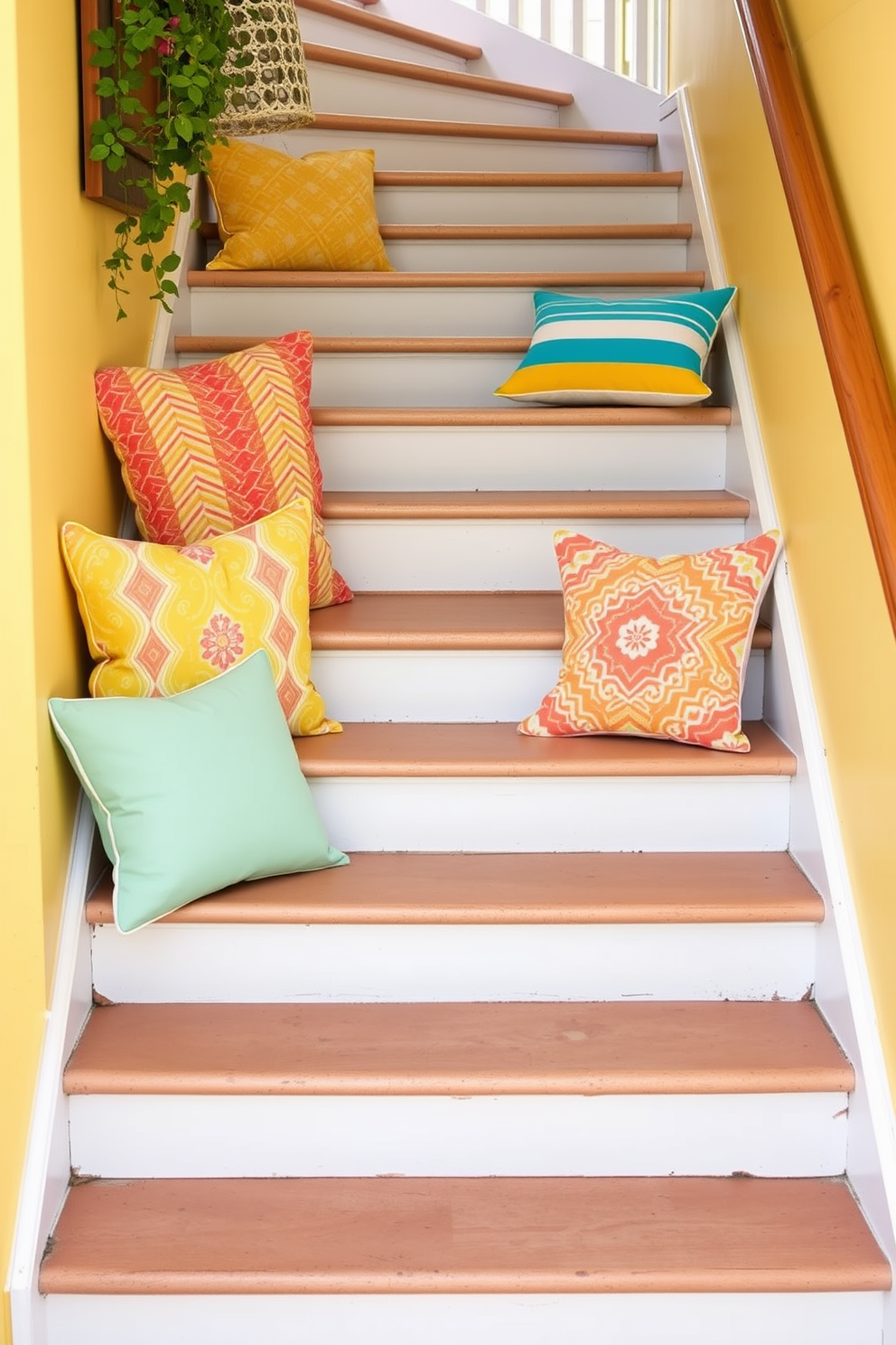 Brightly colored throw pillows are arranged on each step of a charming staircase, creating a vibrant and inviting atmosphere. The pillows feature various patterns and textures, enhancing the summer theme with playful hues of yellow, coral, and turquoise.