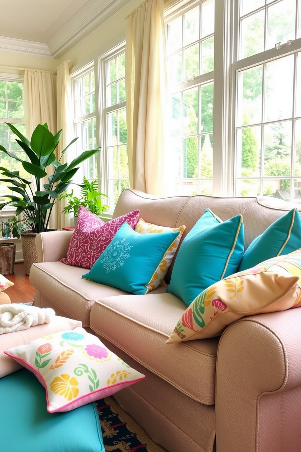 Brighten the space with an array of colorful throw pillows scattered across a plush, neutral-toned sofa. The sunroom features large windows that allow natural light to flood in, creating a cheerful and inviting atmosphere. Incorporate vibrant patterns and textures in the throw pillows to enhance the summer vibe. Add potted plants and light, airy curtains to complete the fresh and lively decor.