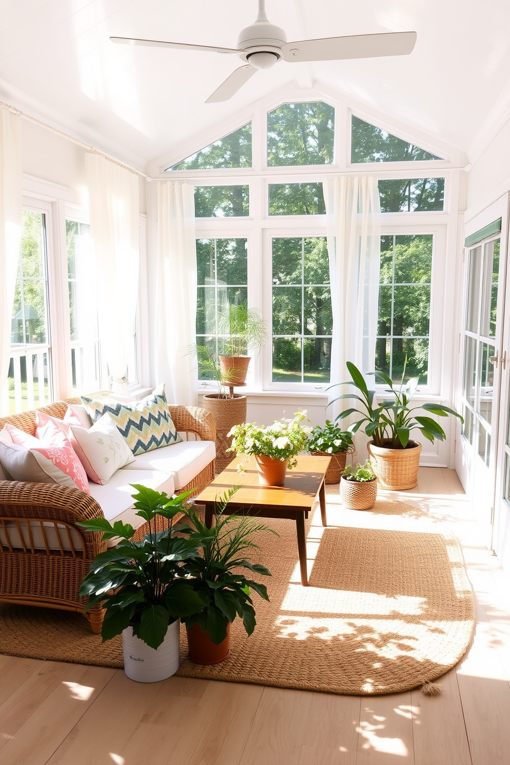 A bright and airy summer sunroom filled with natural light. The space features a comfortable rattan sofa adorned with colorful throw pillows, complemented by a soft woven area rug beneath it. Large windows draped with sheer white curtains allow sunlight to filter in, creating a warm and inviting atmosphere. A wooden coffee table sits in the center, surrounded by potted plants that add a touch of greenery and freshness to the decor.