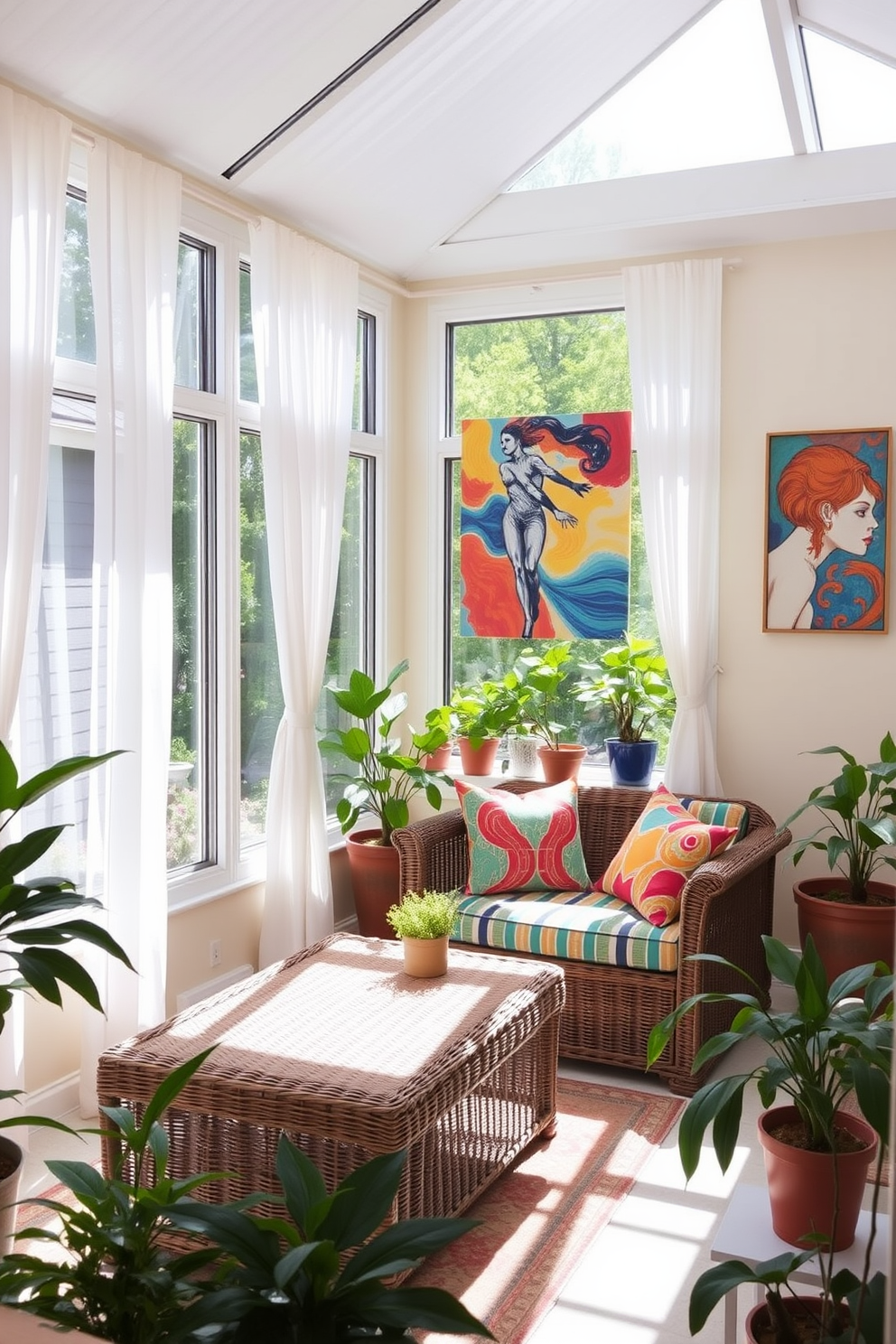 A bright and airy sunroom filled with natural light. Large windows adorned with sheer white curtains frame a cozy seating area with colorful cushions and a wicker coffee table. The walls are painted in a soft cream color, creating a warm backdrop for vibrant artwork that adds character to the space. Potted plants in various sizes are strategically placed around the room, bringing a touch of nature indoors.