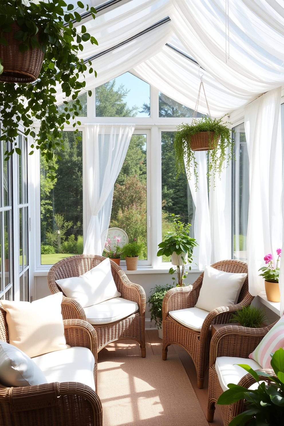 A bright and airy sunroom filled with natural light. The space features wicker furniture with soft cushions in pastel colors, creating a cozy and inviting atmosphere. Large windows allow for a seamless connection to the outdoors, adorned with sheer white curtains that flutter gently in the breeze. Potted plants and hanging greenery add a refreshing touch, enhancing the summery vibe of the room.