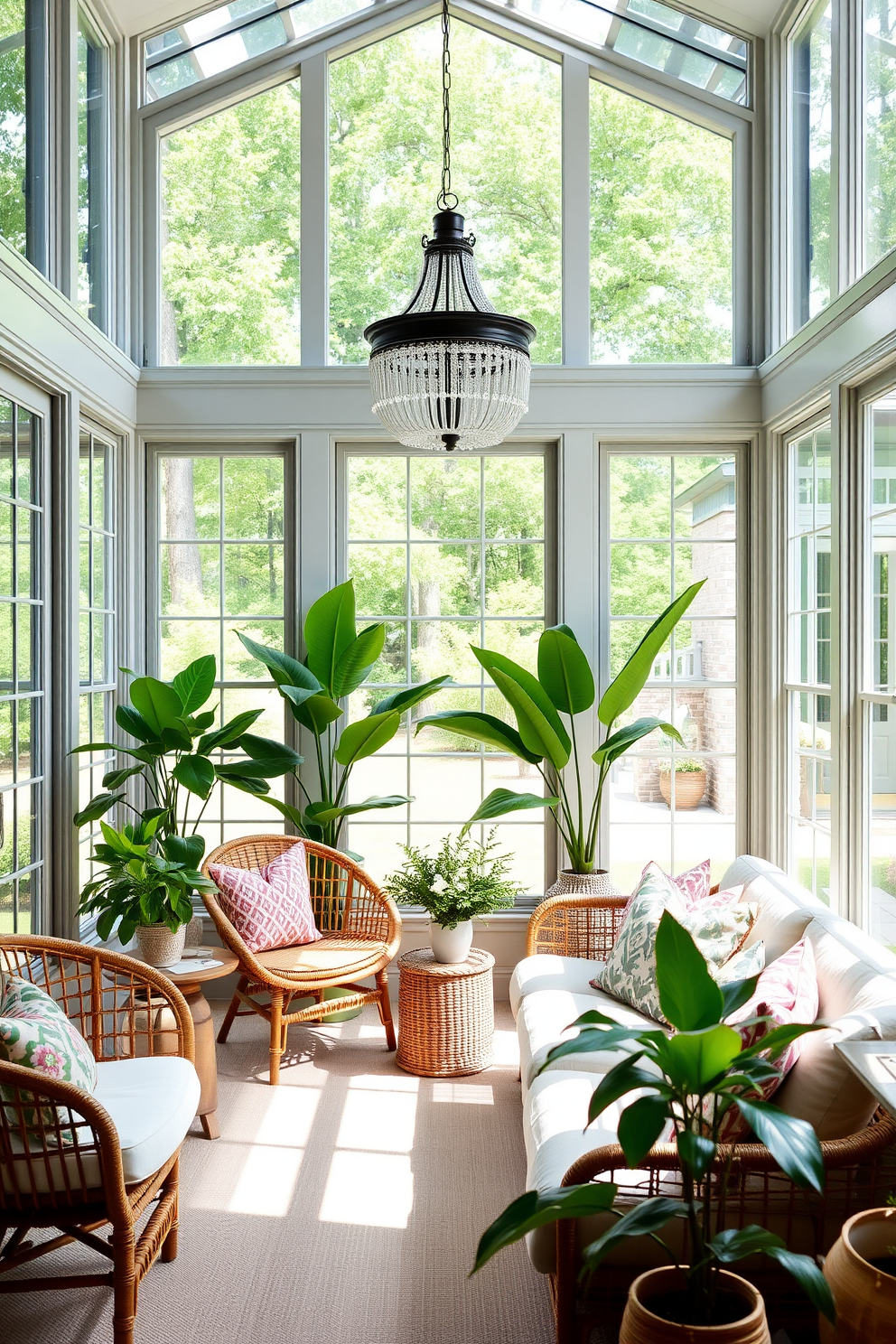 A bright and airy summer sunroom with large windows allowing natural light to flood the space. The room features a comfortable seating area with a mix of rattan chairs and a plush sofa adorned with colorful cushions. In the center, a statement light fixture hangs from the ceiling, adding a touch of elegance to the casual atmosphere. Lush green plants are placed throughout the room, creating a vibrant and inviting environment perfect for relaxation.