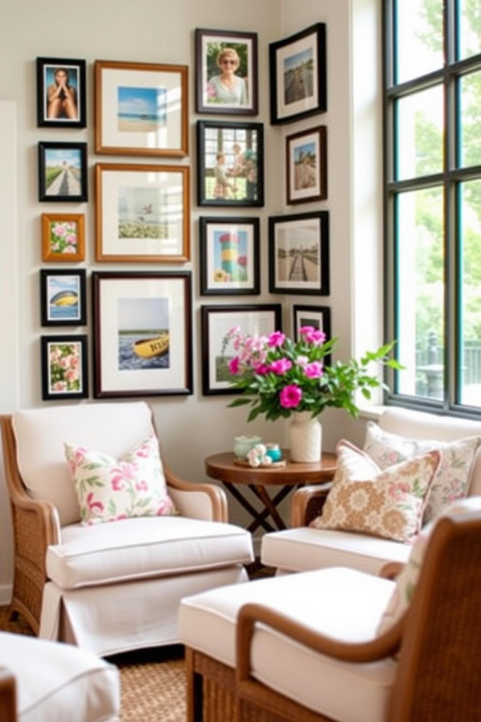 Create a gallery wall featuring a mix of framed photographs and art pieces that reflect the colors of summer. Incorporate vibrant floral prints and beach scenes to evoke a warm and inviting atmosphere in the sunroom. Decorate the sunroom with light and airy furnishings that enhance the natural light. Use a combination of soft pastel colors and natural materials to create a cozy yet stylish retreat.