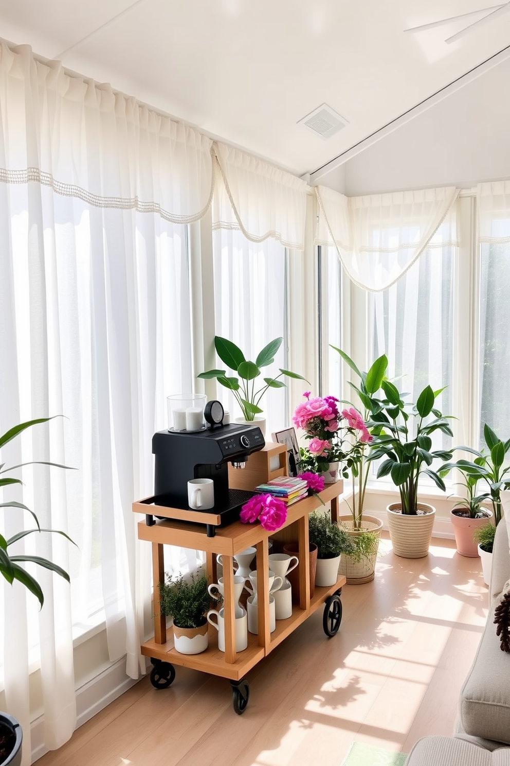 A bright and airy sunroom filled with natural light. The space features large windows adorned with sheer white curtains, allowing the summer sun to shine through. In one corner, a cozy coffee station is set up with a sleek espresso machine and a wooden cart stocked with mugs and coffee supplies. Potted plants and vibrant floral arrangements bring a touch of nature indoors, complementing the light wood flooring and soft pastel accents throughout the room.