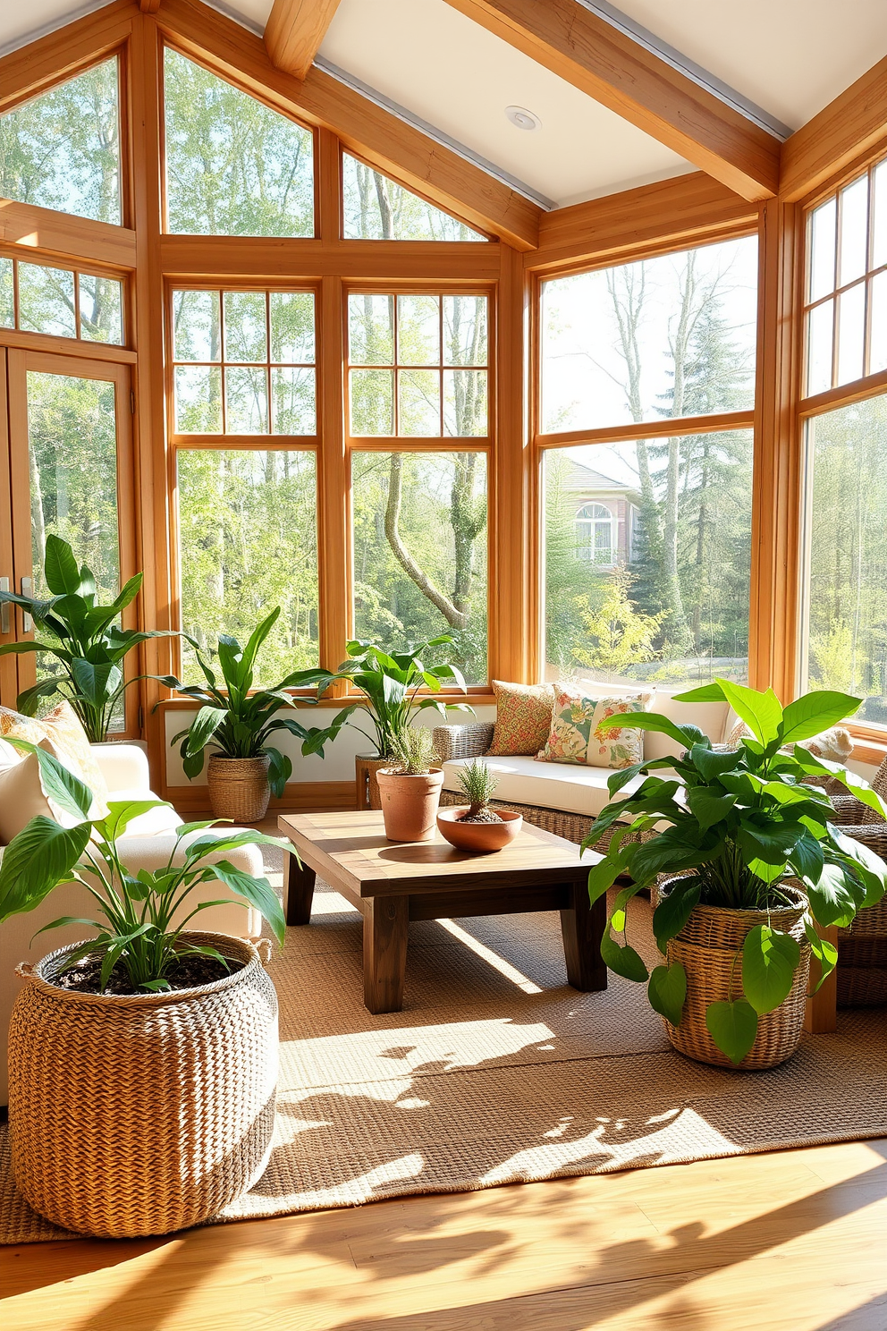 A bright and airy sunroom filled with natural light. The space features large windows framed with natural wood, allowing the summer sun to pour in. Comfortable seating is arranged around a rustic wooden coffee table. Lush green plants are placed in woven baskets, adding a touch of nature to the decor.