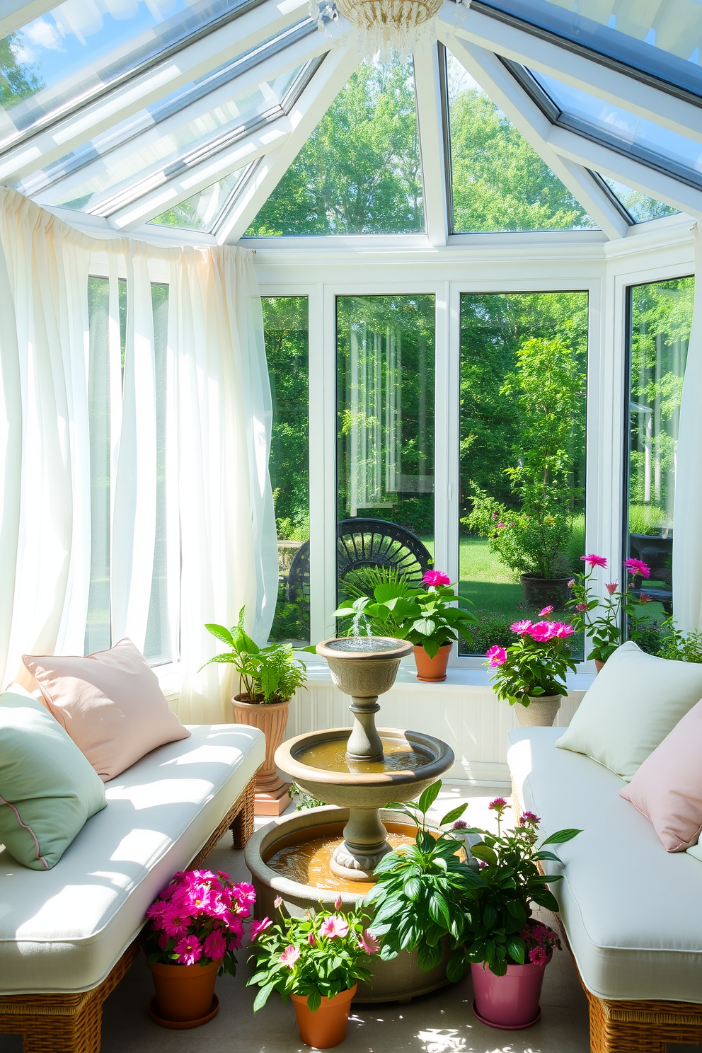 A bright and airy sunroom filled with natural light. There are large windows adorned with sheer white curtains that gently flutter in the breeze, and a cozy seating area with plush cushions in soft pastel colors. In the center of the room, a small indoor fountain creates a soothing ambiance with the sound of trickling water. Surrounding the fountain, potted plants and vibrant flowers add a touch of greenery and life to the space.