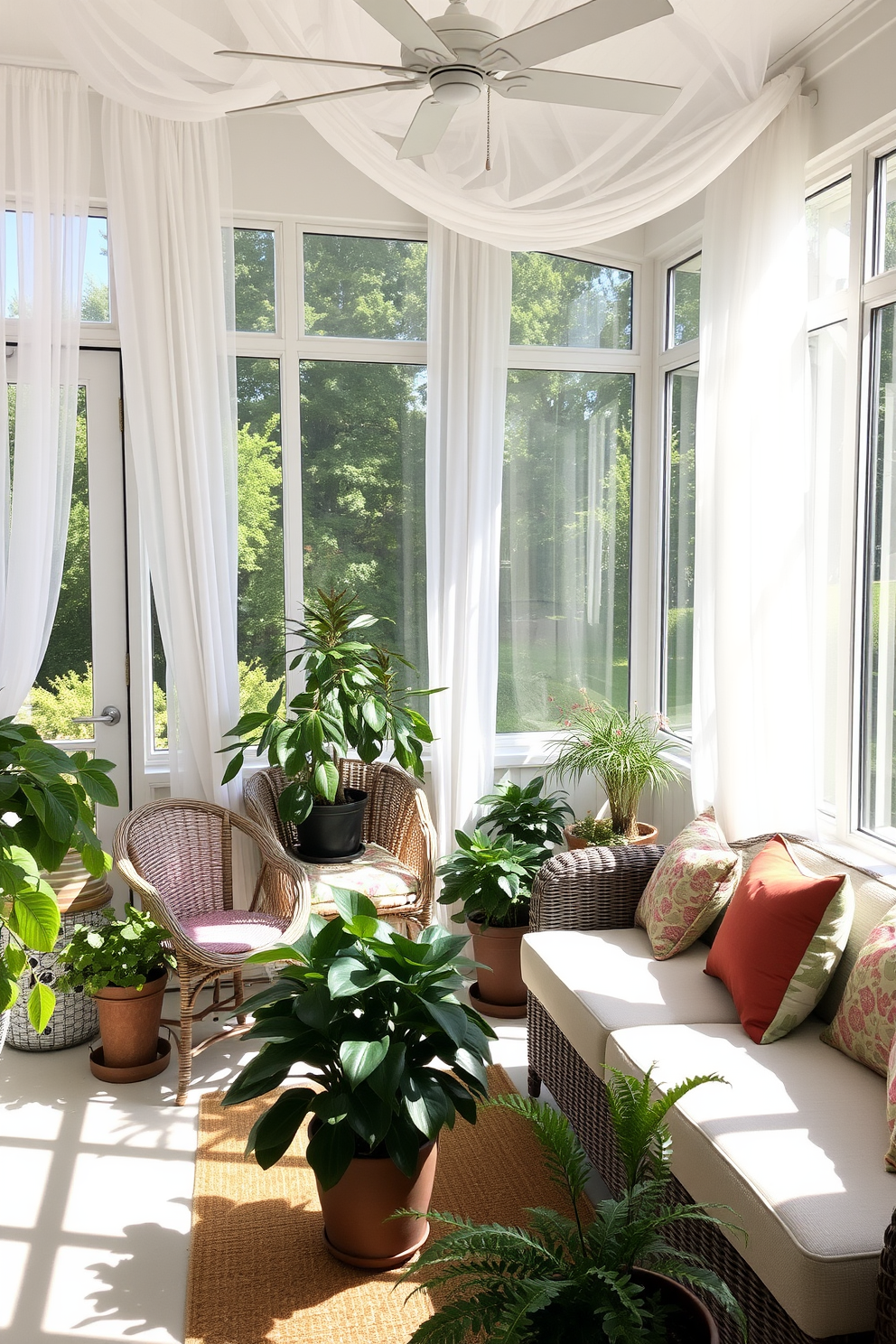 A bright sunroom filled with natural light. Sheer curtains drape gracefully from the ceiling, allowing the summer sun to filter through softly. Comfortable seating arrangements include a mix of wicker chairs and a plush sofa adorned with colorful cushions. Potted plants in various sizes add a touch of greenery, enhancing the inviting atmosphere.