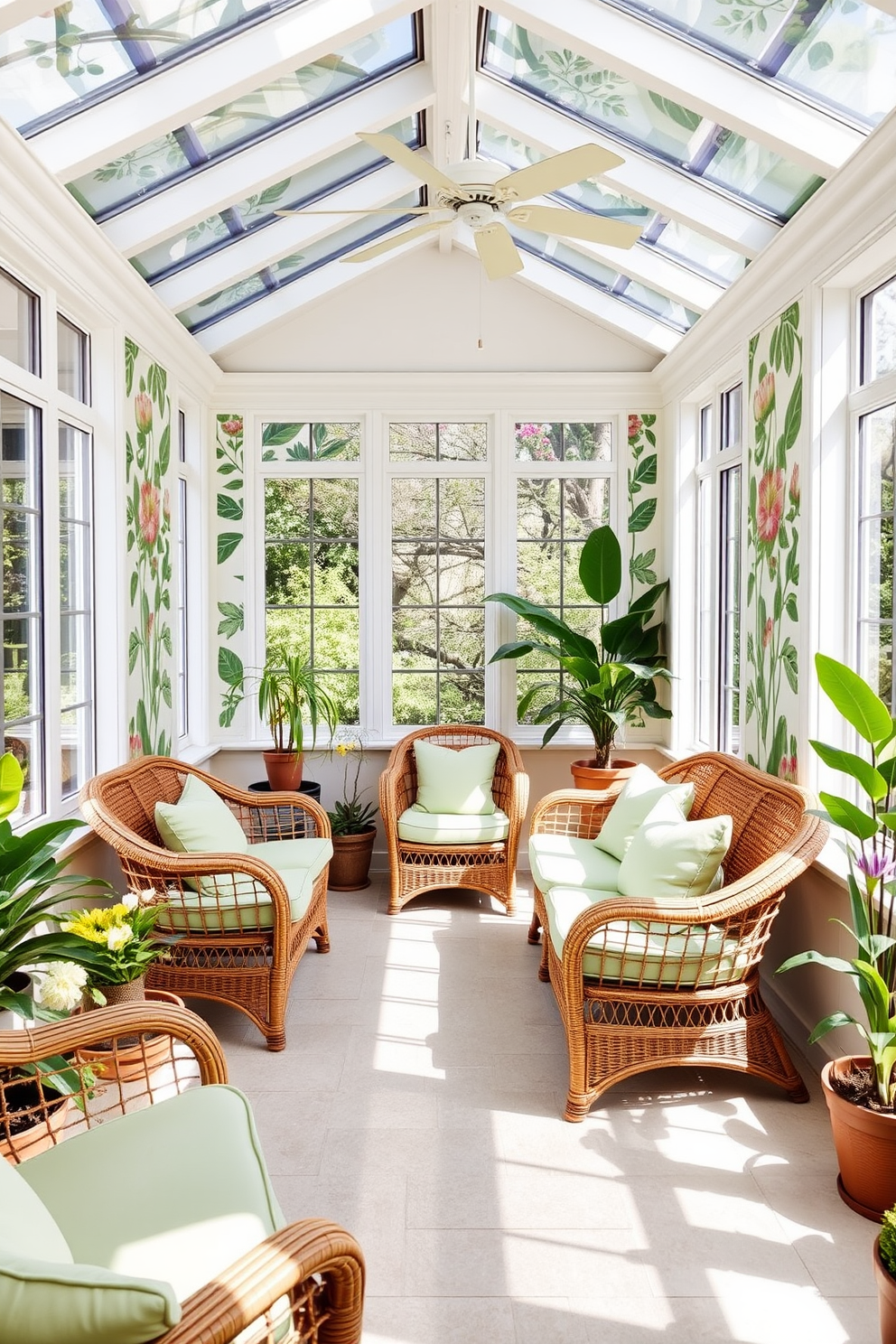 A bright and airy sunroom filled with natural light. The walls are adorned with vibrant botanical prints, creating a lively and refreshing atmosphere. Comfortable rattan furniture is arranged invitingly, with plush cushions in soft green hues. Potted plants in various sizes sit in the corners, enhancing the room's connection to nature.